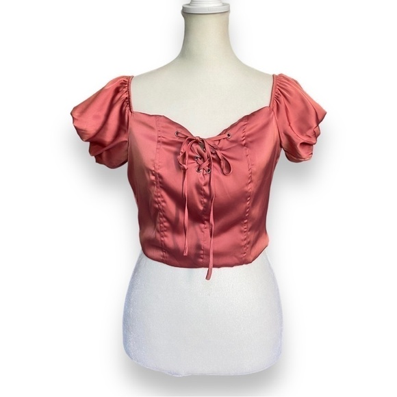 NEW Love Tree Rose Satin Short Puff Sleeve Lace Up Crop Top | Size Small - Picture 1 of 12